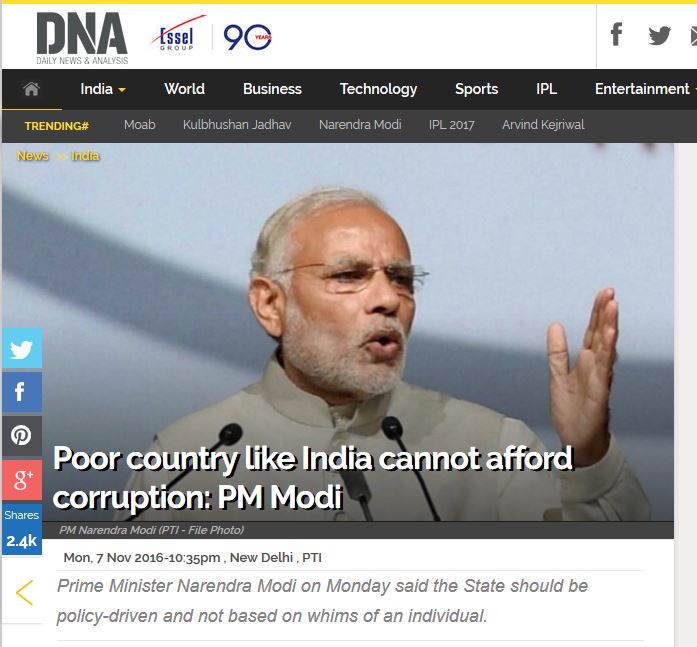 Indian Prime Minister, Narendra Modi called India a poor country in Novemeber, 2016